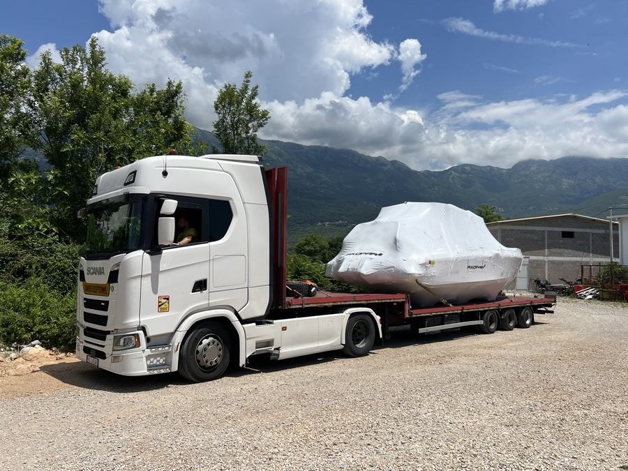 Boat transport truck en route through Montenegro