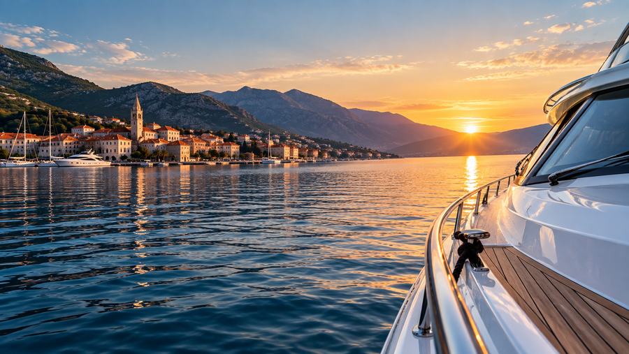 Sunset over a Boka Bay harbour town, Montenegro