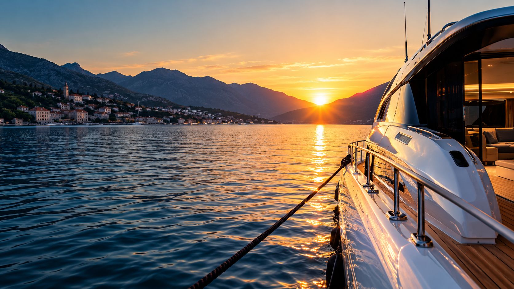 Yacht bow at sunset in the Bay of Kotor, Montenegro