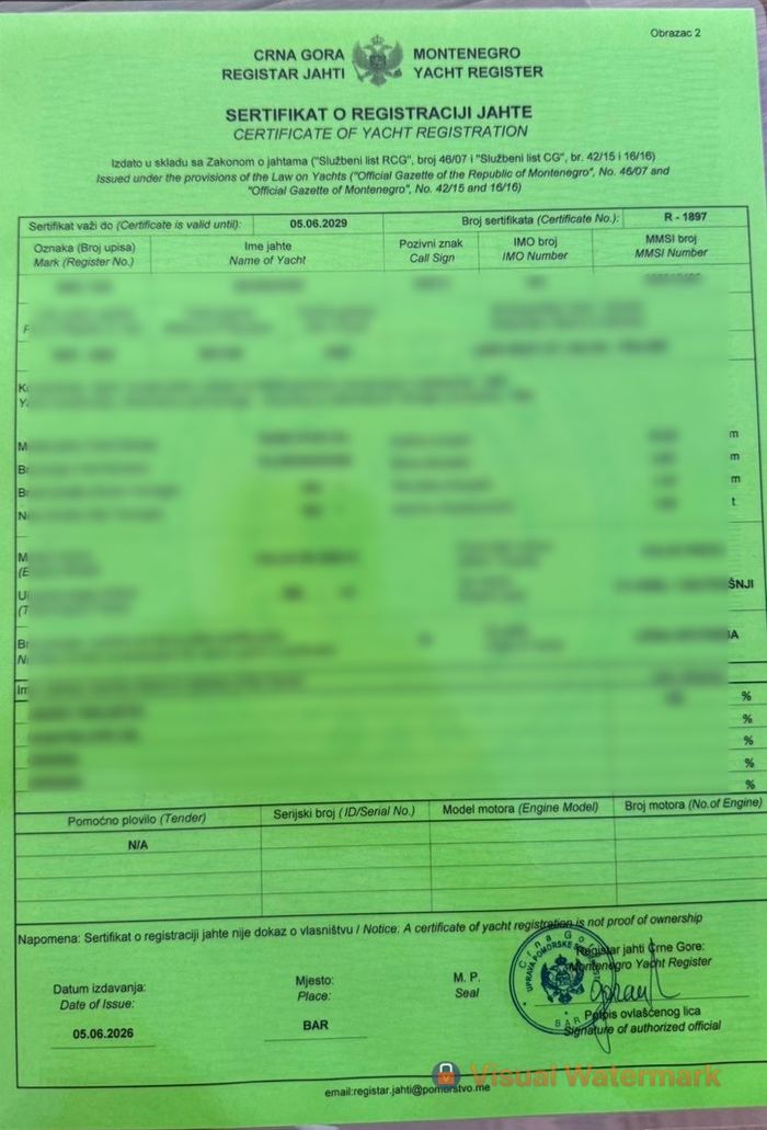Montenegro Yacht Register certificate of registration, personal owner details blurred